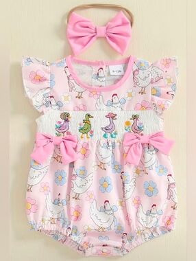 NWOT 0-3 Months Pink Floral & Chicken & Duck Baby Romper with Bows